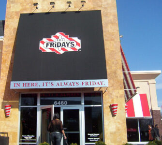 Fridays restaurant entrance awning with graphics by Baltimore Canvas Fabric Shed Fancy Graphics Sunbrella Awning