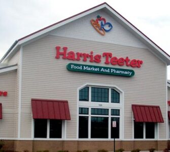 Red awnings standing seam on Harris Teeter Super market by Baltimore Canvas