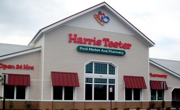 Red awnings standing seam on Harris Teeter Super market by Baltimore Canvas